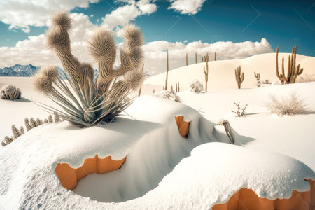 beautiful snowy desert landscape with cactus and sand dunes against sky, generative aiの素材