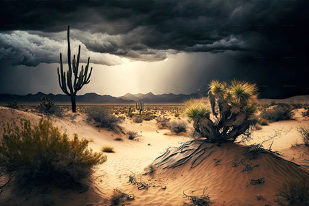 desert landscape with cactus and sand dunes in sunset with storm clouds, generative aiの素材