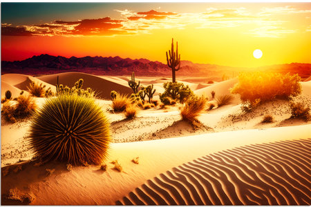 sunset over sand dunes desert landscape with cactus and sand dunes, generative aiの素材