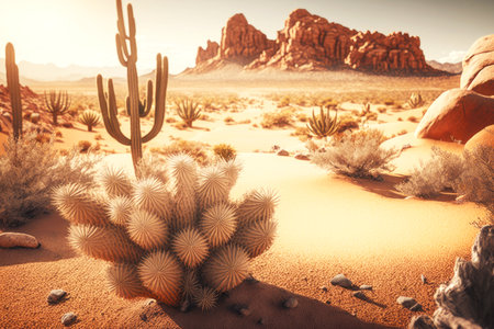 view of arid landscape with desert cactus and sand dunes in sunlight, generative aiの素材