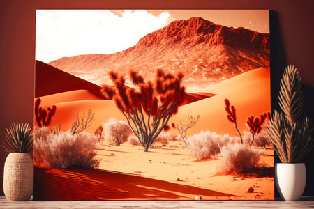 beautiful picture of red dunes with mountain greenery in desert landscape with cactus and sand dunes, generative aiの素材