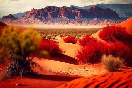 beautiful picture of red dunes with mountain greenery in desert landscape with cactus and sand dunes, generative aiの素材