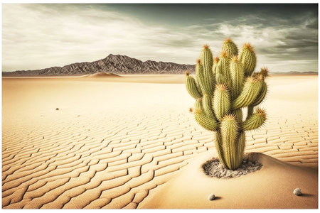 lonely cactus in desert landscape with cactus and sand dunes, generative aiの素材
