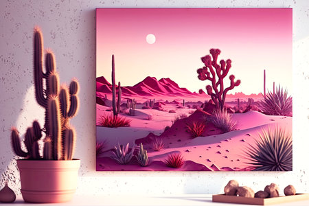 beautiful dawn with pink purple sky and flat desert landscape with cactus and sand dunes, generative aiの素材