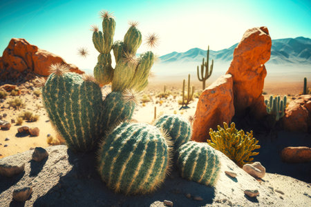 cactus on rocky surface in bright sunlight desert landscape with cactus and sand dunes, generative aiの素材
