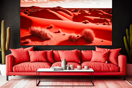 huge red dunes with top of sand prairie desert landscape with cactus and sand dunes, generative aiの素材