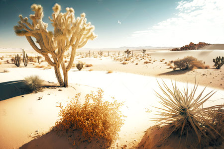 winter desert landscape with cactus and sand dunes in sunshine, generative aiの素材