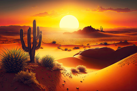 sunset over dunes desert landscape with cactus and sand dunes, generative aiの素材