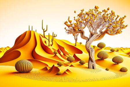 bright yellow sand dunes in desert landscape with cactus and sand dunes, generative aiの素材