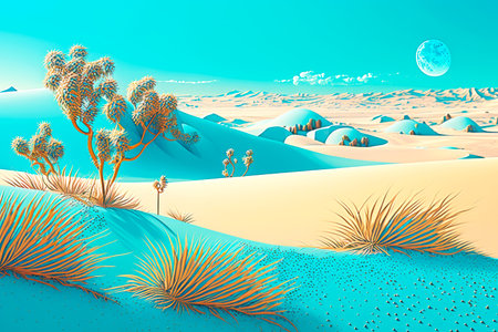 sky-blue landscape of sand dunes with solstice desert landscape with cactus and sand dunes, generative aiの素材