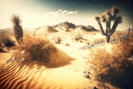 natural environment of vast desert landscape with cactus and sand dunes, generative aiの素材