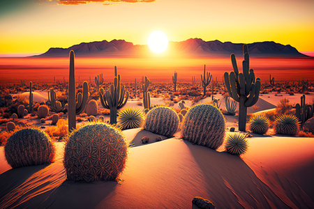 evening sunset over desert landscape with cactus and sand dunes, generative aiの素材