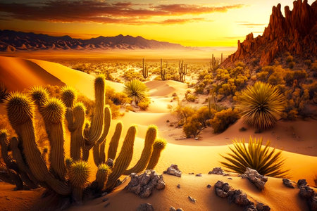 mexican desert landscape with cactus and sand dunes against sunset, generative aiの素材