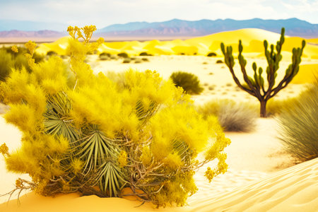 partly green vegetation in foreground against backdrop of yellow desert landscape with cactus and sand dunes, generative aiの素材