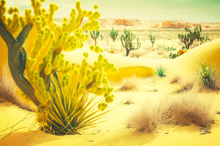 partly green vegetation in foreground against backdrop of yellow desert landscape with cactus and sand dunes, generative aiの素材