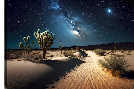 desert landscape with cactus and sand dunes under starry sky, generative aiの素材