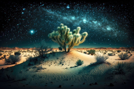 desert landscape with cactus and sand dunes under starry sky, generative aiの素材