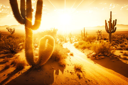 sun rays knocked against cactus and sand dunes in desert landscape with cactus and sand dunes, generative aiの素材