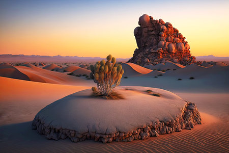lonely rock on dune at dawn desert landscape with cactus and sand dunes, generative aiの素材