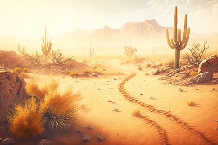 landscape of wild west with dusty desert landscape with cactus and sand dunes, generative aiの素材