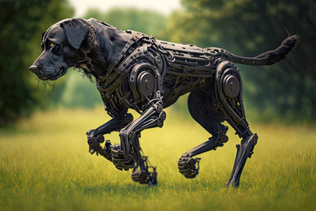 black dog with a robotic leg jumping in park on grass, generative aiの素材