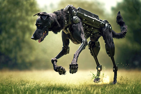 black dog with a robotic leg jumping in park on grass, generative aiの素材