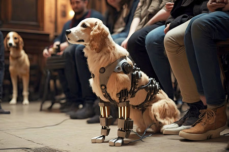 dog with a robotic leg sitting on floor in front of people, generative aiの素材