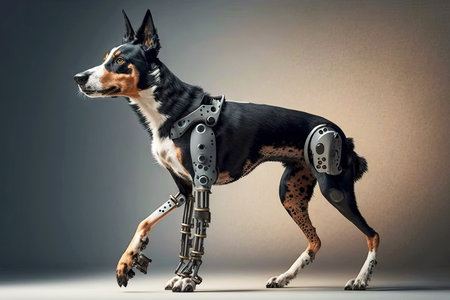 dog with a robotic leg lifts its paw on light background, generative aiの素材
