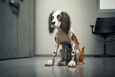 sad dog with a robotic leg sitting on floor in office, generative aiの素材