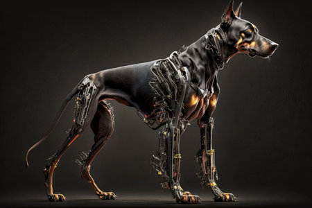 doberman dog with robotic leg on dark background, generative aiの素材
