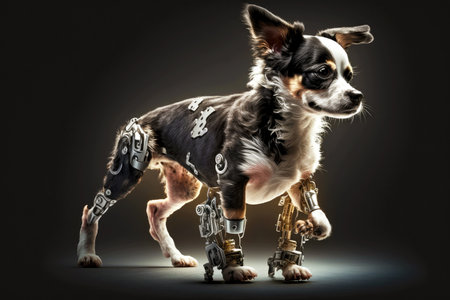 small dog with a robotic leg standing on dark background, generative aiの素材