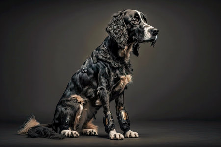 dog with a robotic leg sits on dark gray background, generative aiの素材