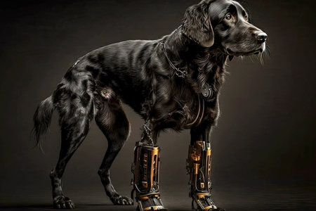 black dog with robotic leg on black background, generative aiの素材
