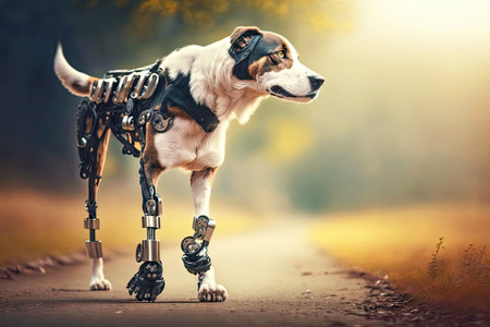 disabled dog with a robotic leg on blurred background, generative aiの素材