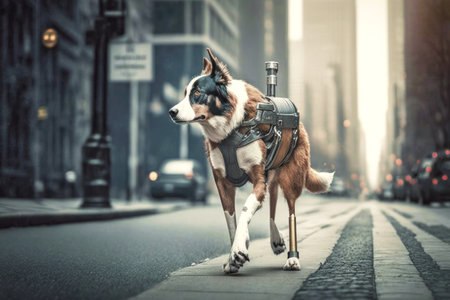 disabled dog with robotic leg walking on modern city street, generative aiの素材