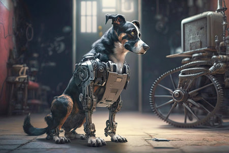 dog with a robotic leg in garage on blurred background, generative aiの素材