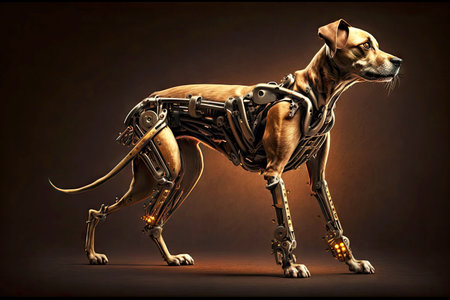 dog with a robotic leg on dark brown background, generative aiの素材