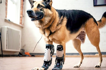 medical prosthetics for pet dog with robotic leg, generative aiの素材
