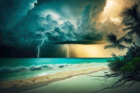 tropical summer rain over sea with lightning and storm clouds in rays of sun, generative aiの素材