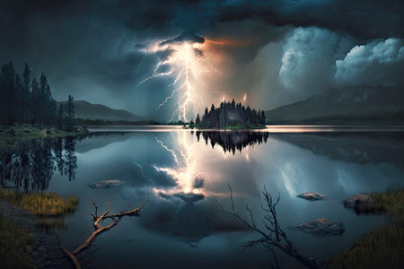 overcast sky with flashes of lightning and thunder in lake landscape, generative aiの素材
