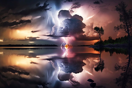 thunder and lightning in sky over lake during severe thunderstorm, generative aiの素材