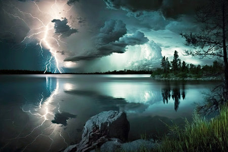 thunder and lightning in sky over lake during severe thunderstorm, generative aiの素材