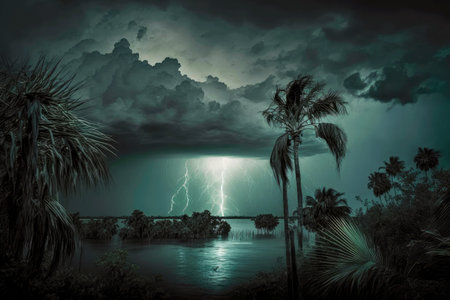 dark sky before storm with flashing lightning and heavy rain in tropics dn, generative aiの素材
