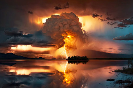 huge cloud with lightning and rain moving fast along lake at sunset in evening dramatic thunderstorm, generative aiの素材
