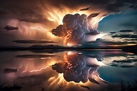 huge cloud with lightning and rain moving fast along lake at sunset in evening dramatic thunderstorm, generative aiの素材