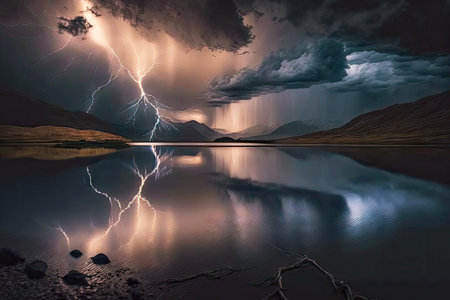 dark sky filled with lightnings and rain over lake at night, generative aiの素材