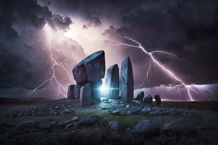 powerful lightning hitting stones during dramatic thunderstorm, generative aiの素材