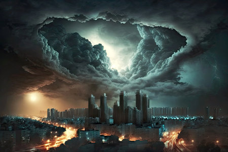 clouds moving over night city before dramatic thunderstorm, generative aiの素材