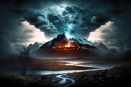 supernatural mystical landscape with illuminated and exploding hills during dramatic thunderstorm, generative aiの素材