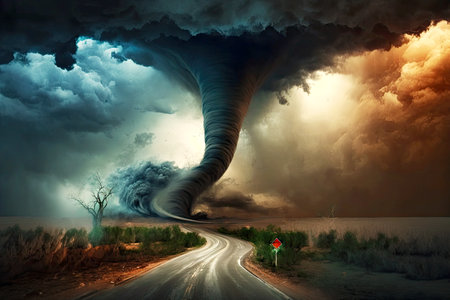 dangerous bad weather in form of fierce tornado and dramatic thunderstorm, generative aiの素材